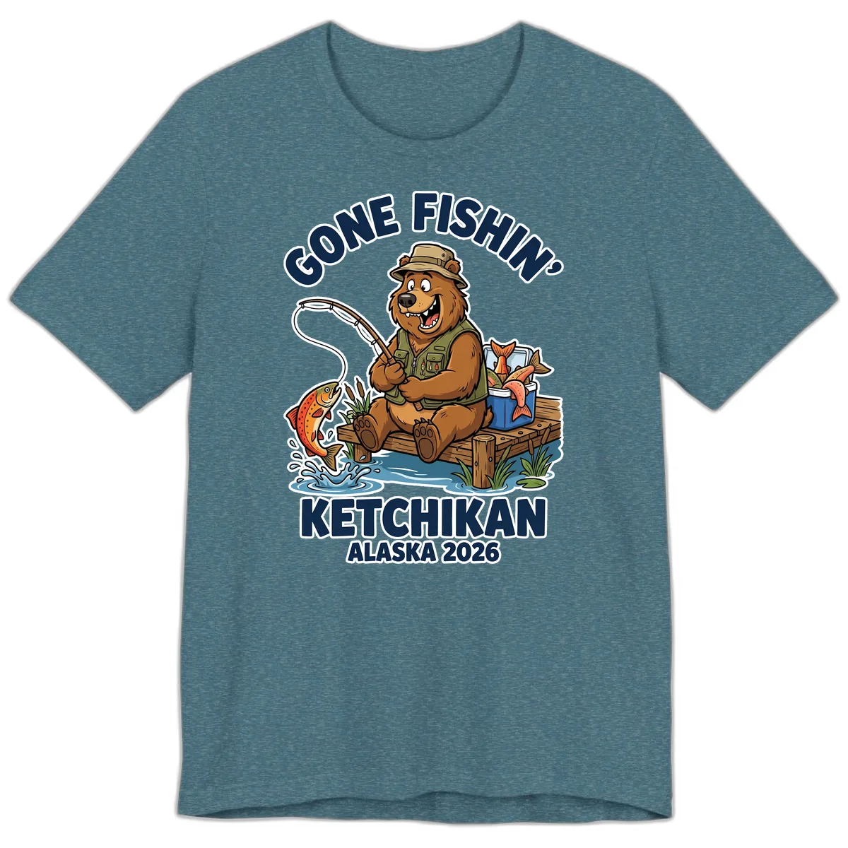 Gone Fishin' Ketchikan Alaska Bear Fishing Adventure Premium T-Shirt in Heather Deep Teal