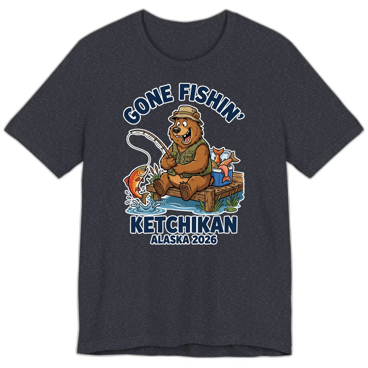 Gone Fishin' Ketchikan Alaska Bear Fishing Adventure Premium T-Shirt in Heather Navy