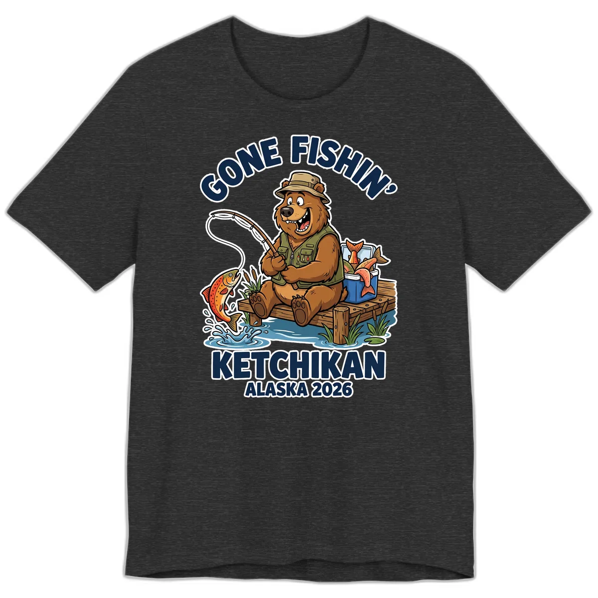 Gone Fishin' Ketchikan Alaska Bear Fishing Adventure Premium T-Shirt in Dark Grey Heather