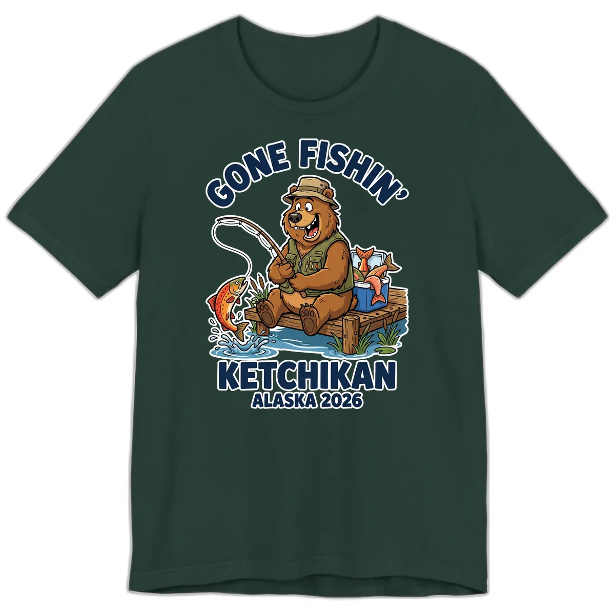 Gone Fishin' Ketchikan Alaska Bear Fishing Adventure Premium T-Shirt in Forest
