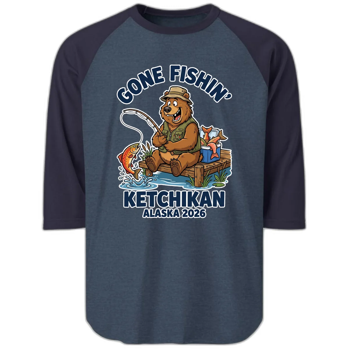 Gone Fishin' Ketchikan Alaska Bear Fishing Adventure Raglan 3/4 in Heather Denim Navy