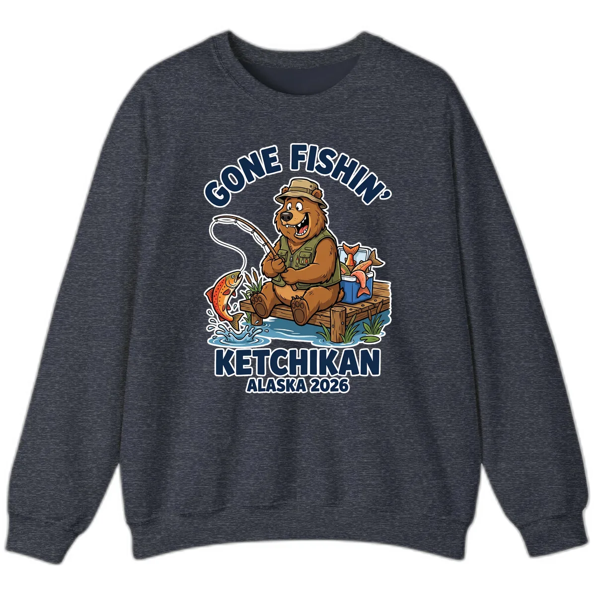 Gone Fishin' Ketchikan Alaska Bear Fishing Adventure Sweatshirt in Heather Sport Dark Navy