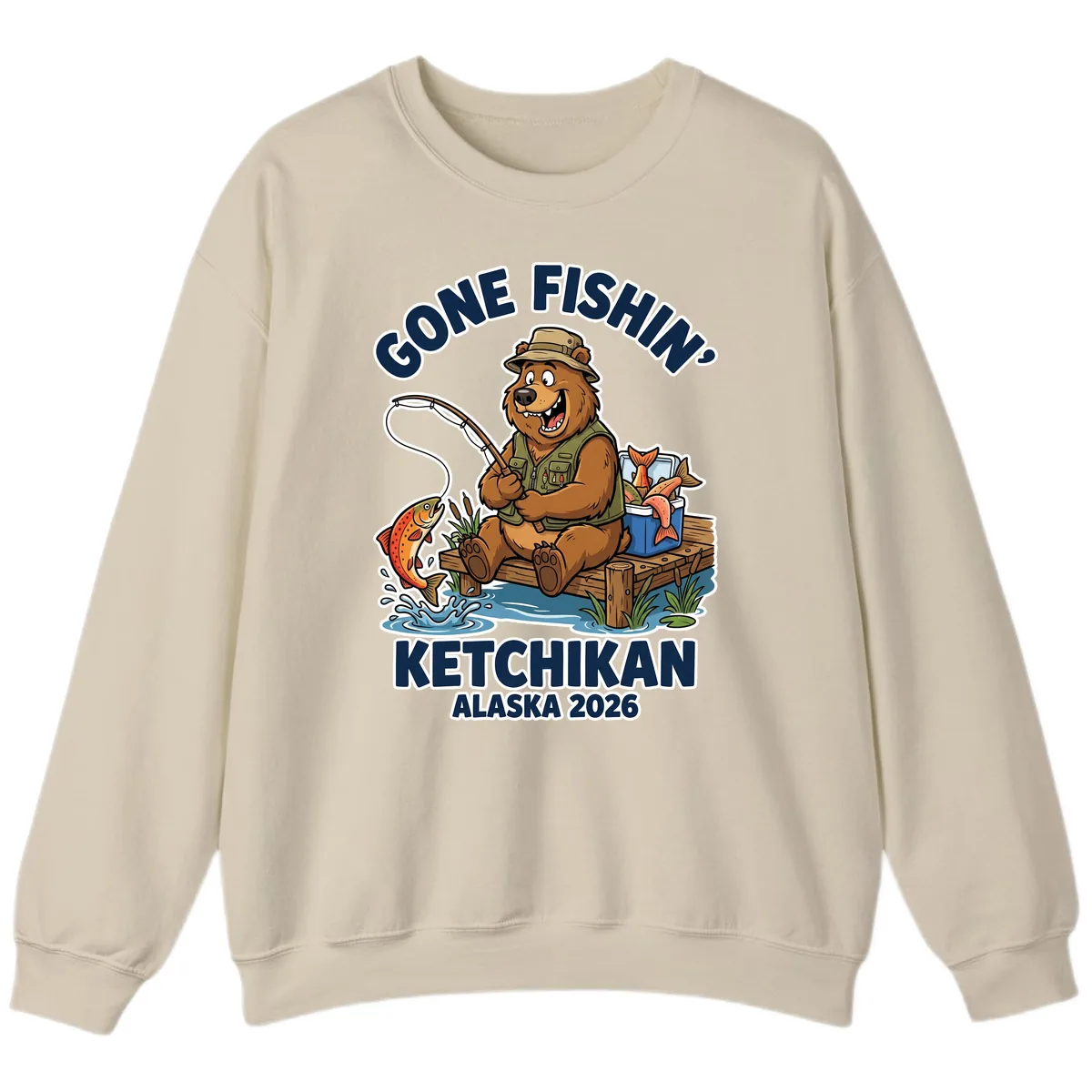 Gone Fishin' Ketchikan Alaska Bear Fishing Adventure Sweatshirt in Sand