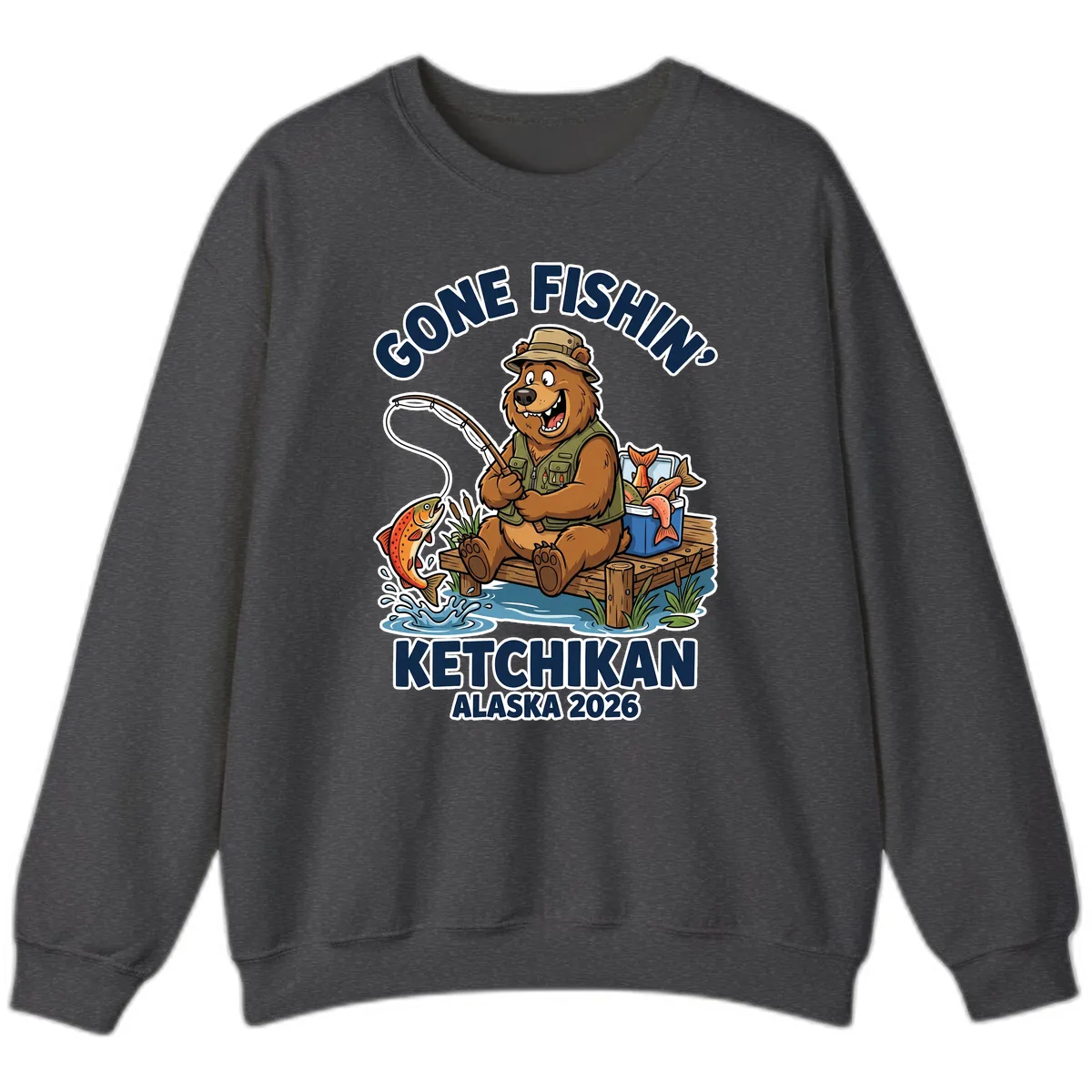 Gone Fishin' Ketchikan Alaska Bear Fishing Adventure Sweatshirt in Dark Heather