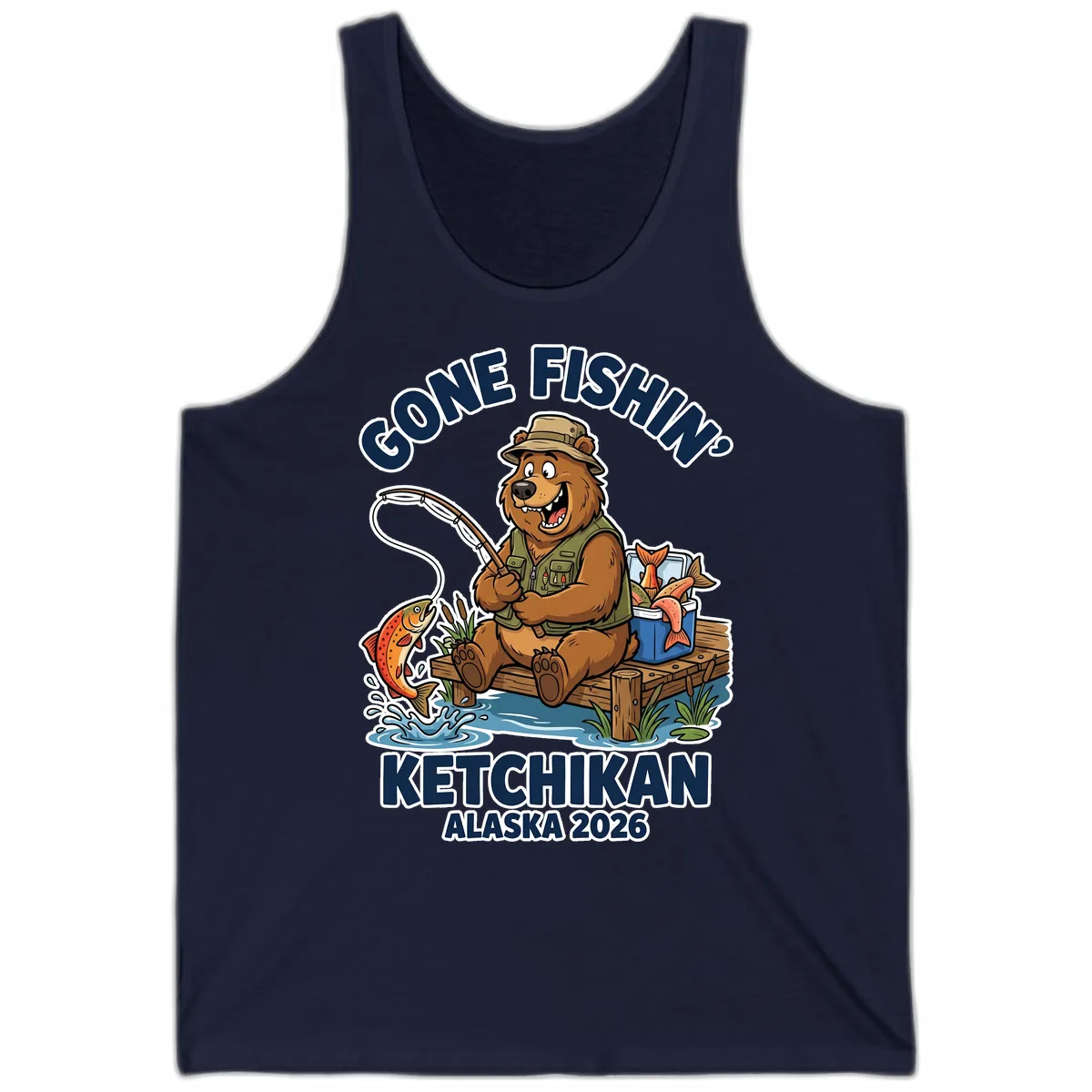 Gone Fishin' Ketchikan Alaska Bear Fishing Adventure Tank in Navy
