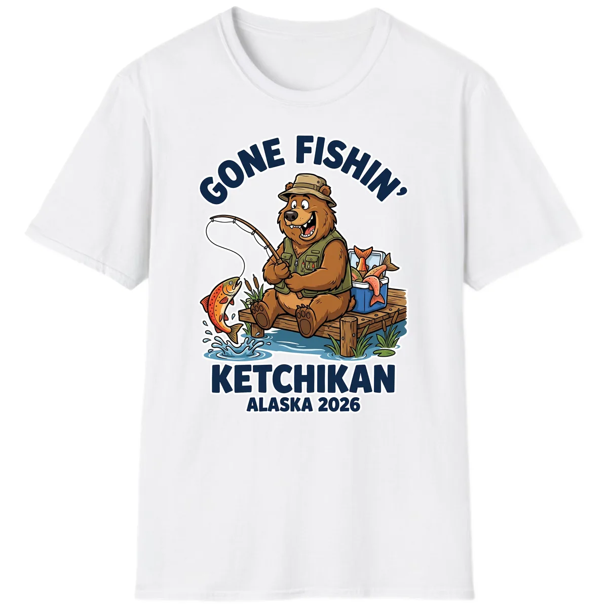 Gone Fishin' Ketchikan Alaska Bear Fishing Adventure T-Shirt in White