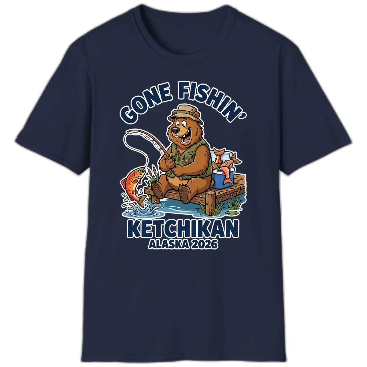 Gone Fishin' Ketchikan Alaska Bear Fishing Adventure T-Shirt in Navy