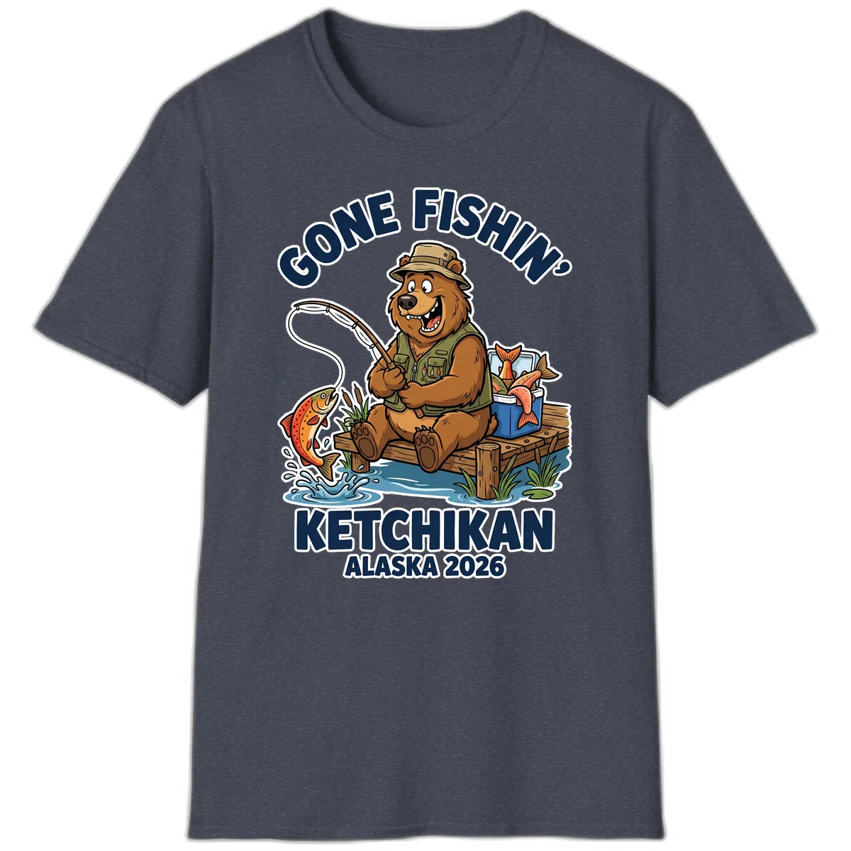 Gone Fishin' Ketchikan Alaska Bear Fishing Adventure T-Shirt in Heather Navy