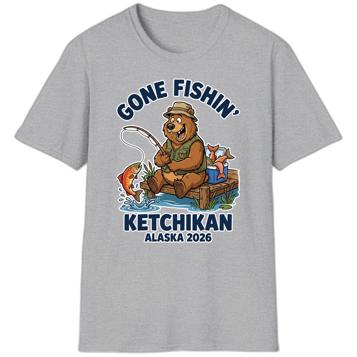 Gone Fishin' Ketchikan Alaska Bear Fishing Adventure T-Shirt in Sport Grey