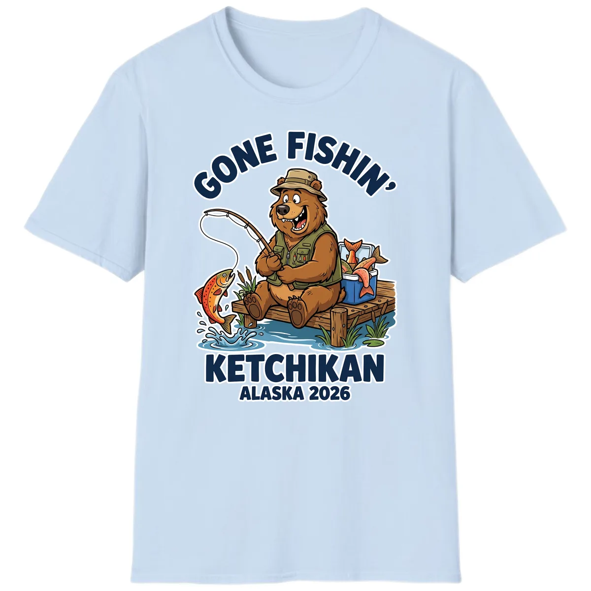 Gone Fishin' Ketchikan Alaska Bear Fishing Adventure T-Shirt in Light Blue