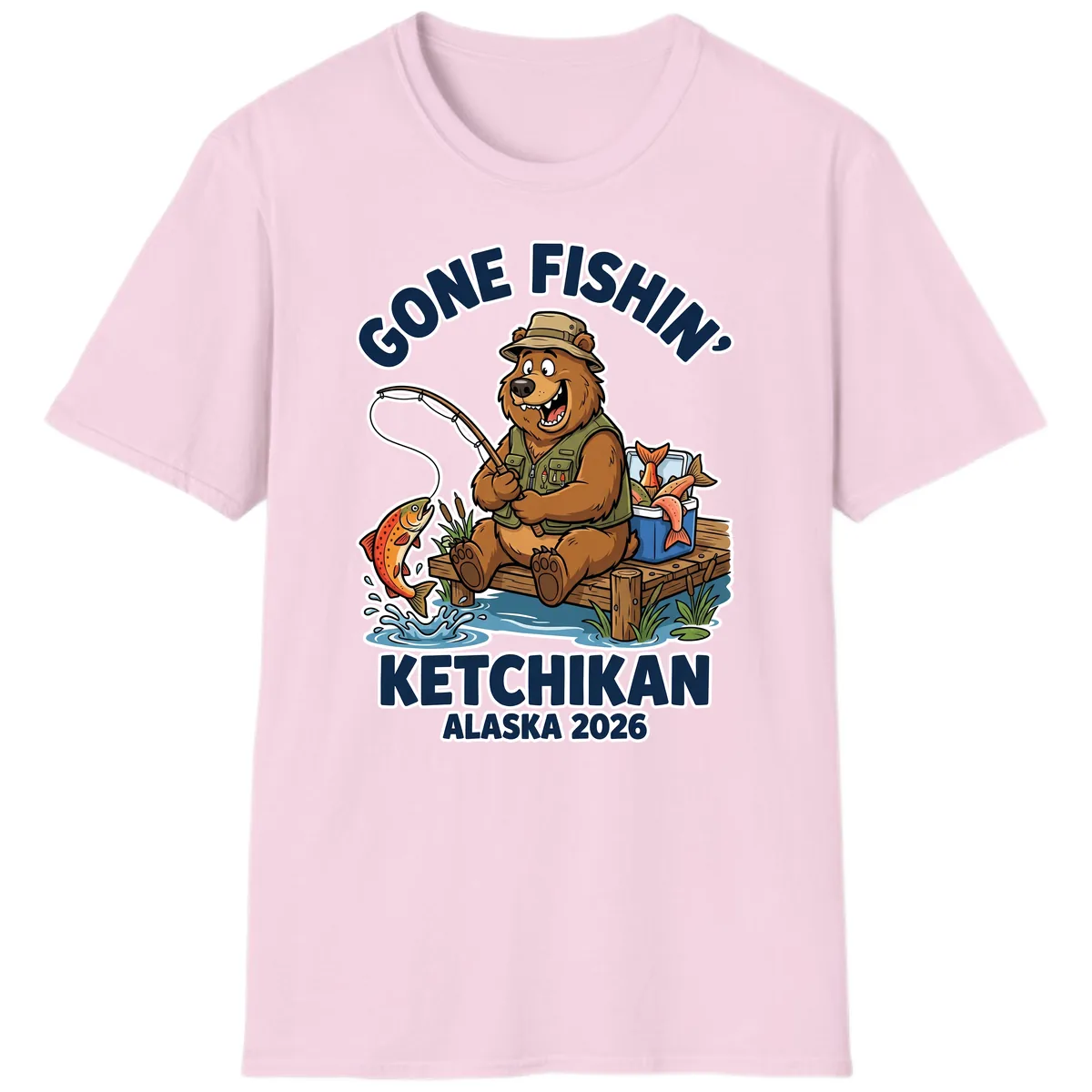Gone Fishin' Ketchikan Alaska Bear Fishing Adventure T-Shirt in Light Pink