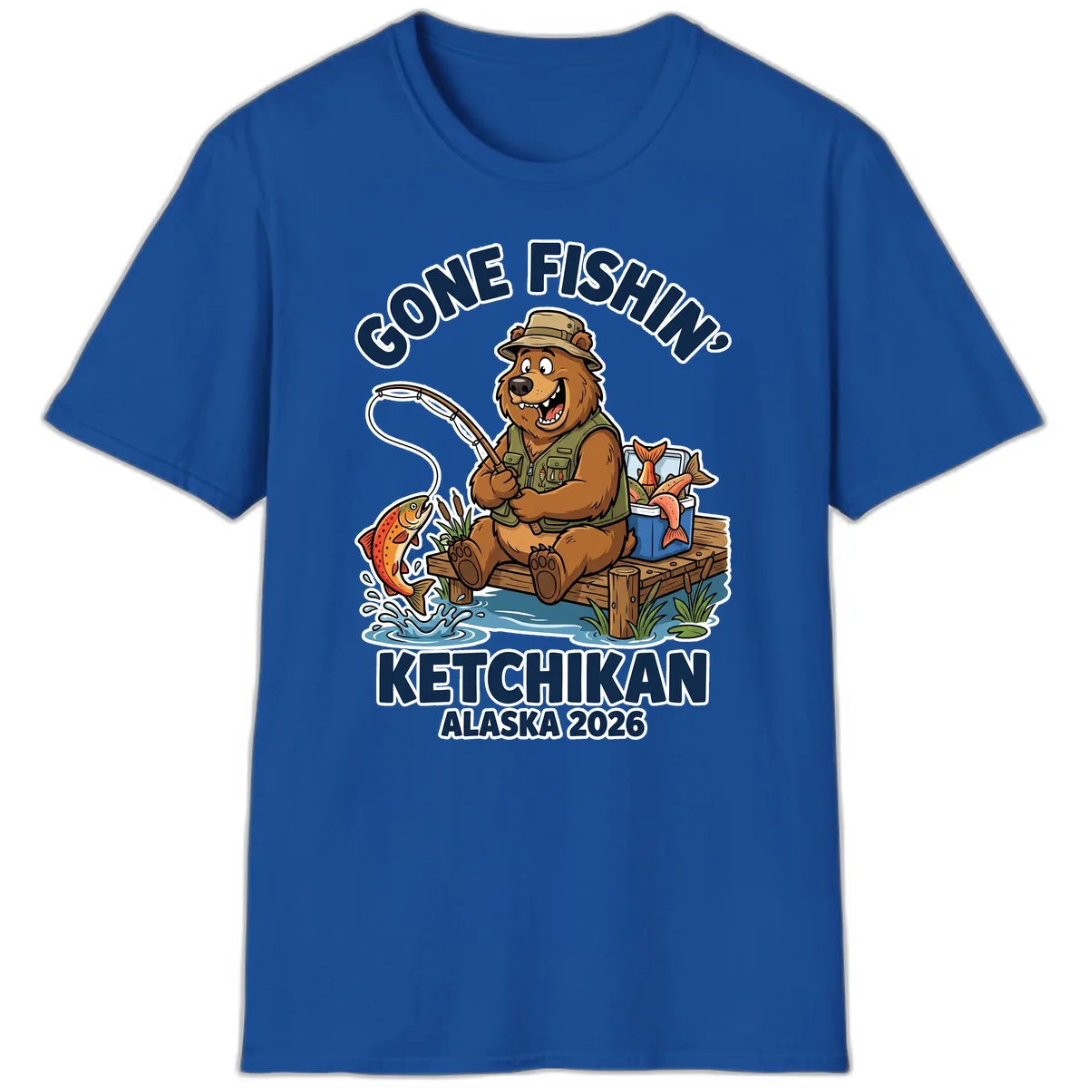 Gone Fishin' Ketchikan Alaska Bear Fishing Adventure T-Shirt in Royal