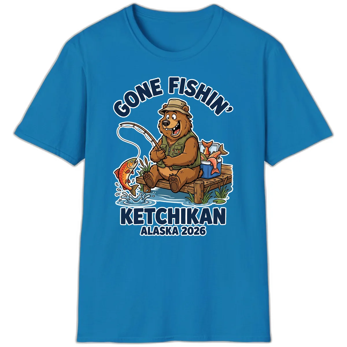 Gone Fishin' Ketchikan Alaska Bear Fishing Adventure T-Shirt in Sapphire