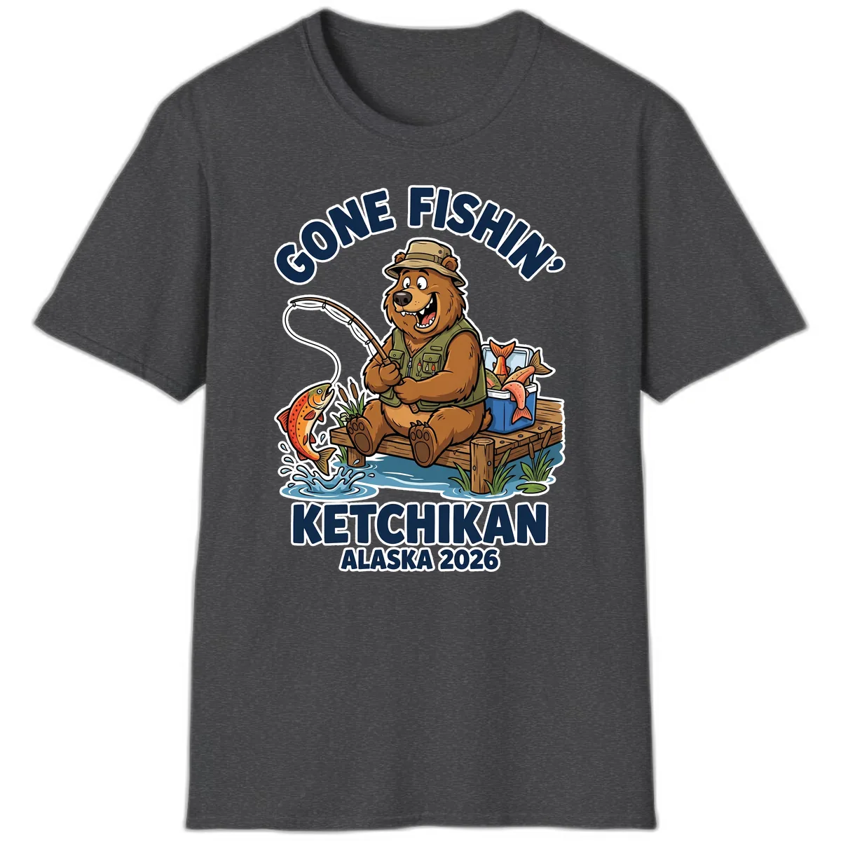 Gone Fishin' Ketchikan Alaska Bear Fishing Adventure T-Shirt in Dark Heather