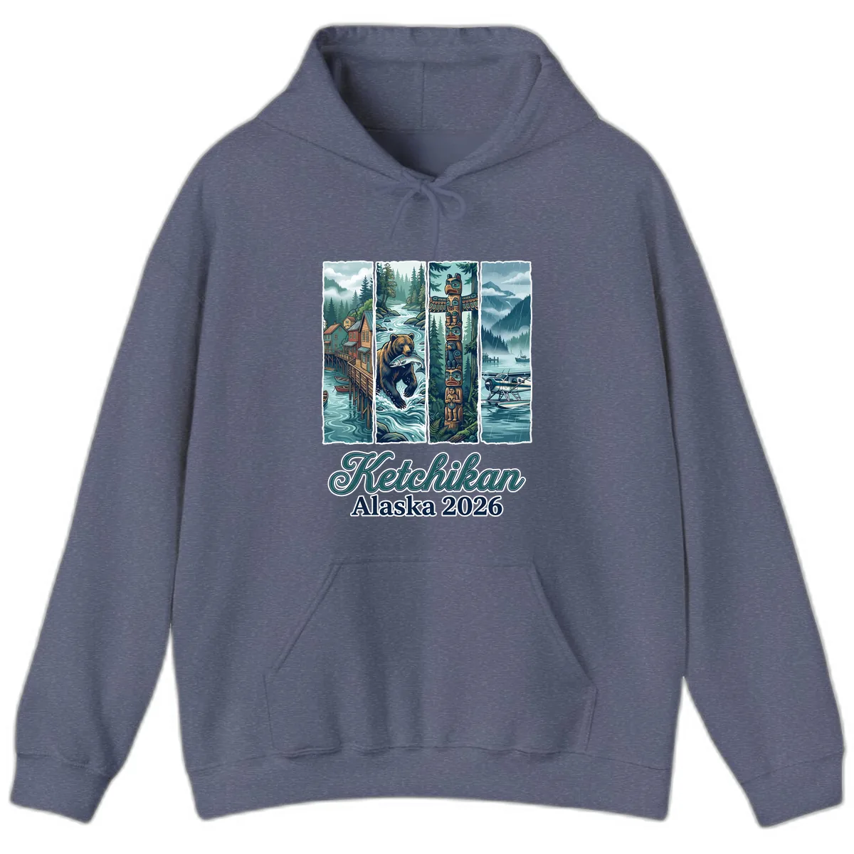 Ketchikan Alaska 2026 Scenic Panel Hoodie in Heather Navy