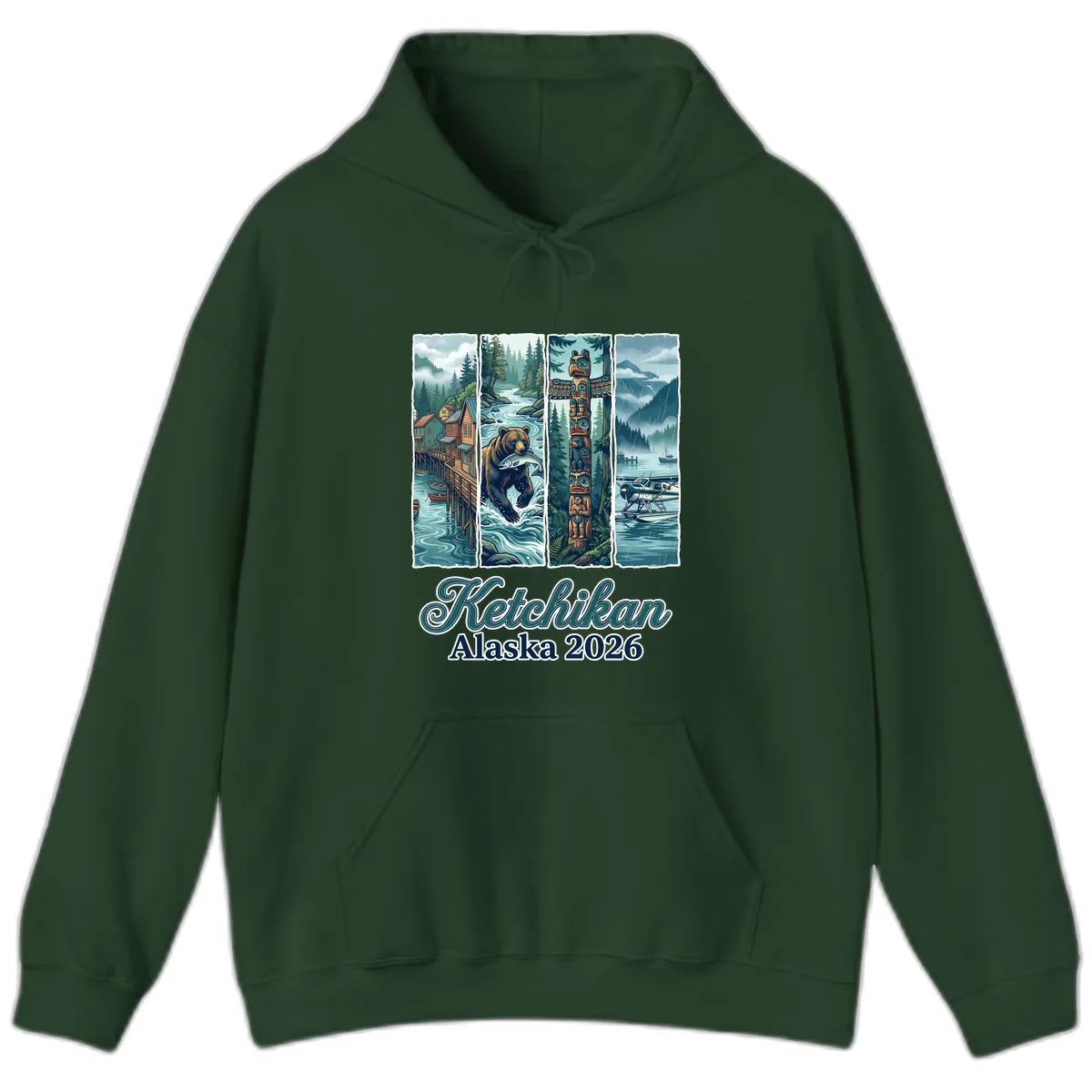 Ketchikan Alaska 2026 Scenic Panel Hoodie in Forest Green