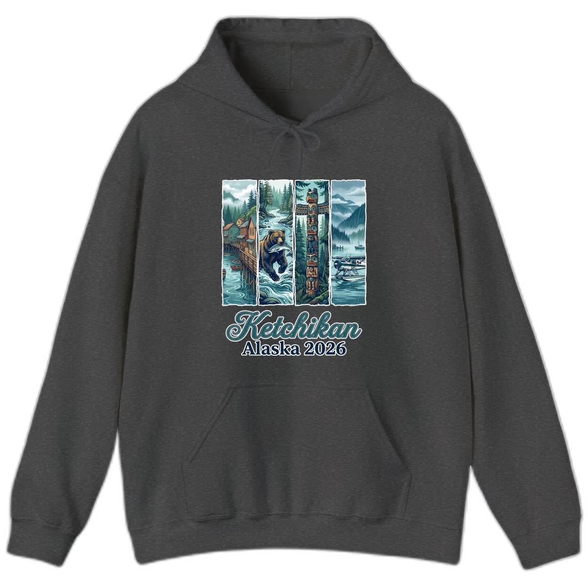 Ketchikan Alaska 2026 Scenic Panel Hoodie in Dark Heather