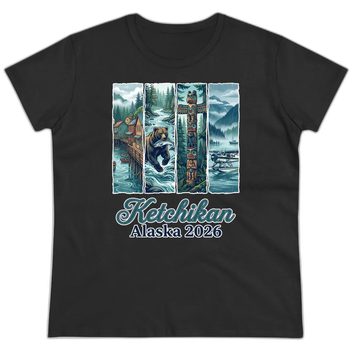 Ketchikan Alaska 2026 Scenic Panel Ladies Tee in Black