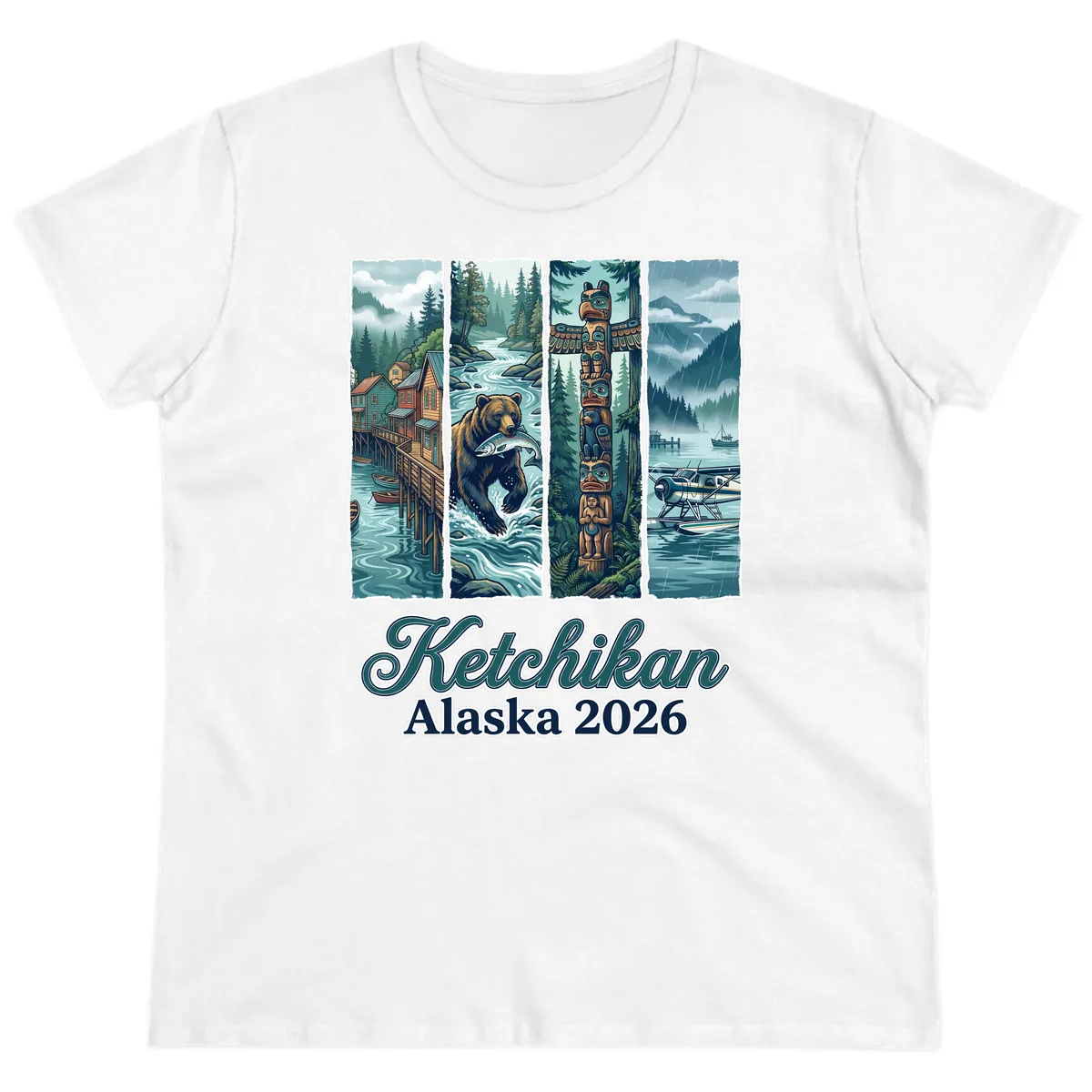 Ketchikan Alaska 2026 Scenic Panel Ladies Tee in White