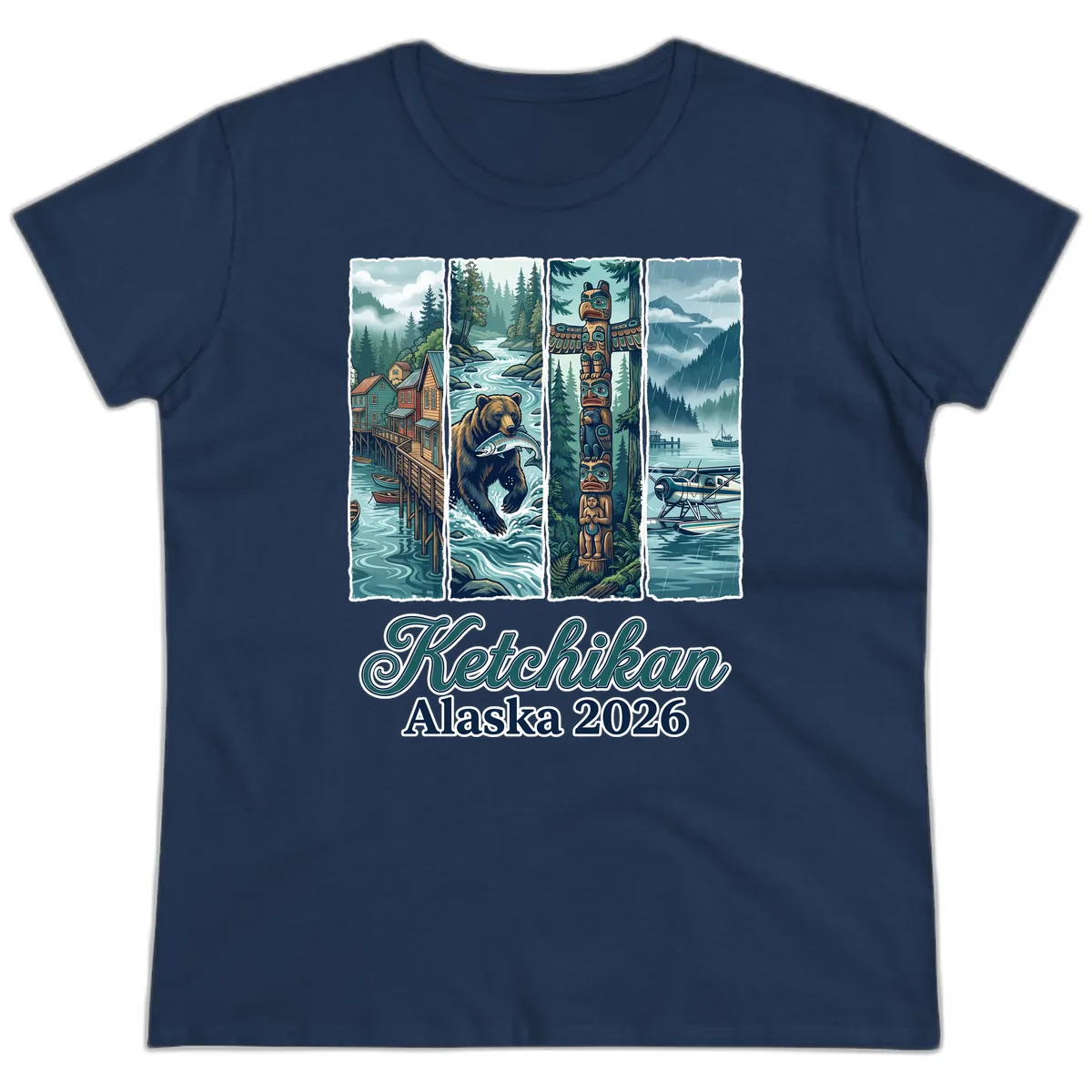 Ketchikan Alaska 2026 Scenic Panel Ladies Tee in Navy