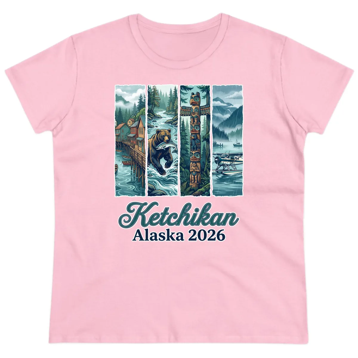 Ketchikan Alaska 2026 Scenic Panel Ladies Tee in Light Pink