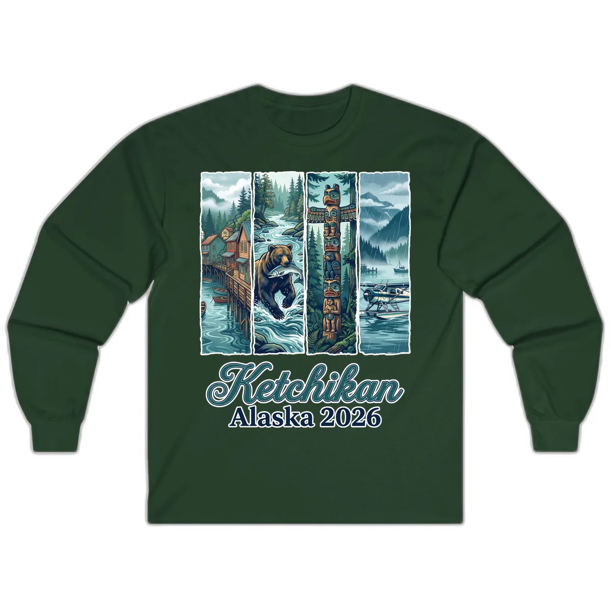 Ketchikan Alaska 2026 Scenic Panel Long Sleeve in Forest Green