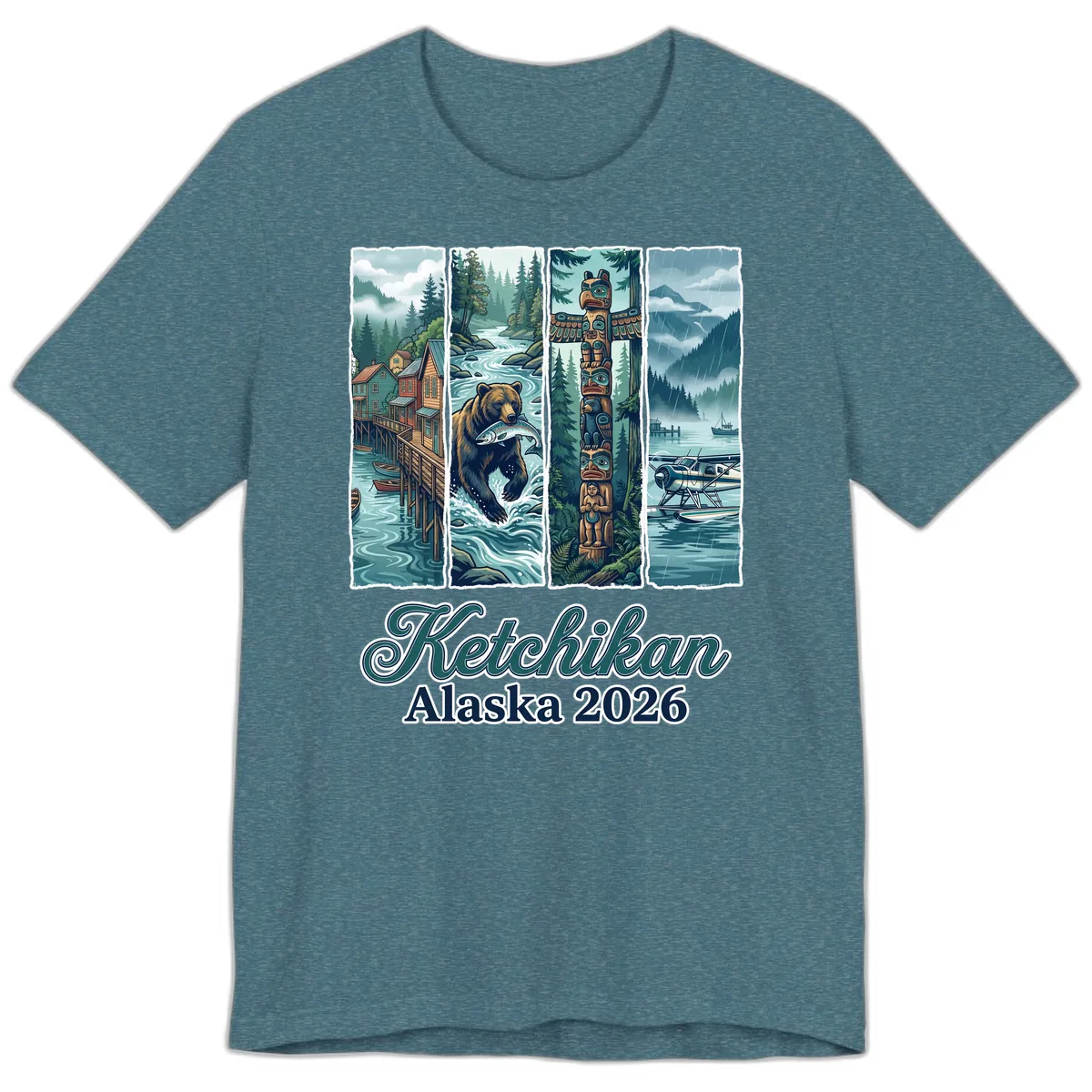 Ketchikan Alaska 2026 Scenic Panel Premium T-Shirt in Heather Deep Teal