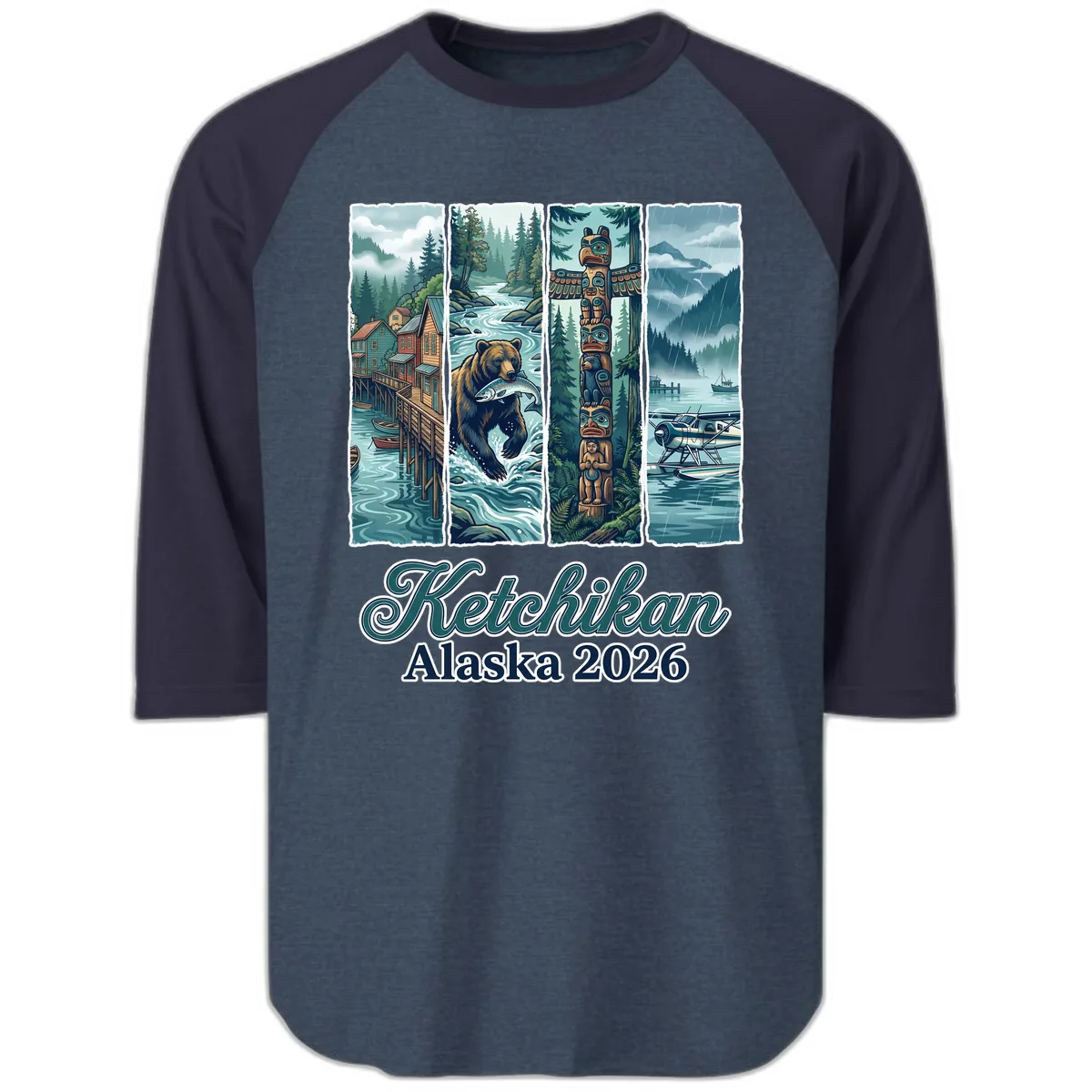 Ketchikan Alaska 2026 Scenic Panel Raglan 3/4 in Heather Denim Navy