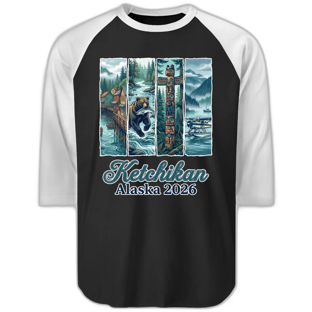 Ketchikan Alaska 2026 Scenic Panel Raglan 3/4 in Black White