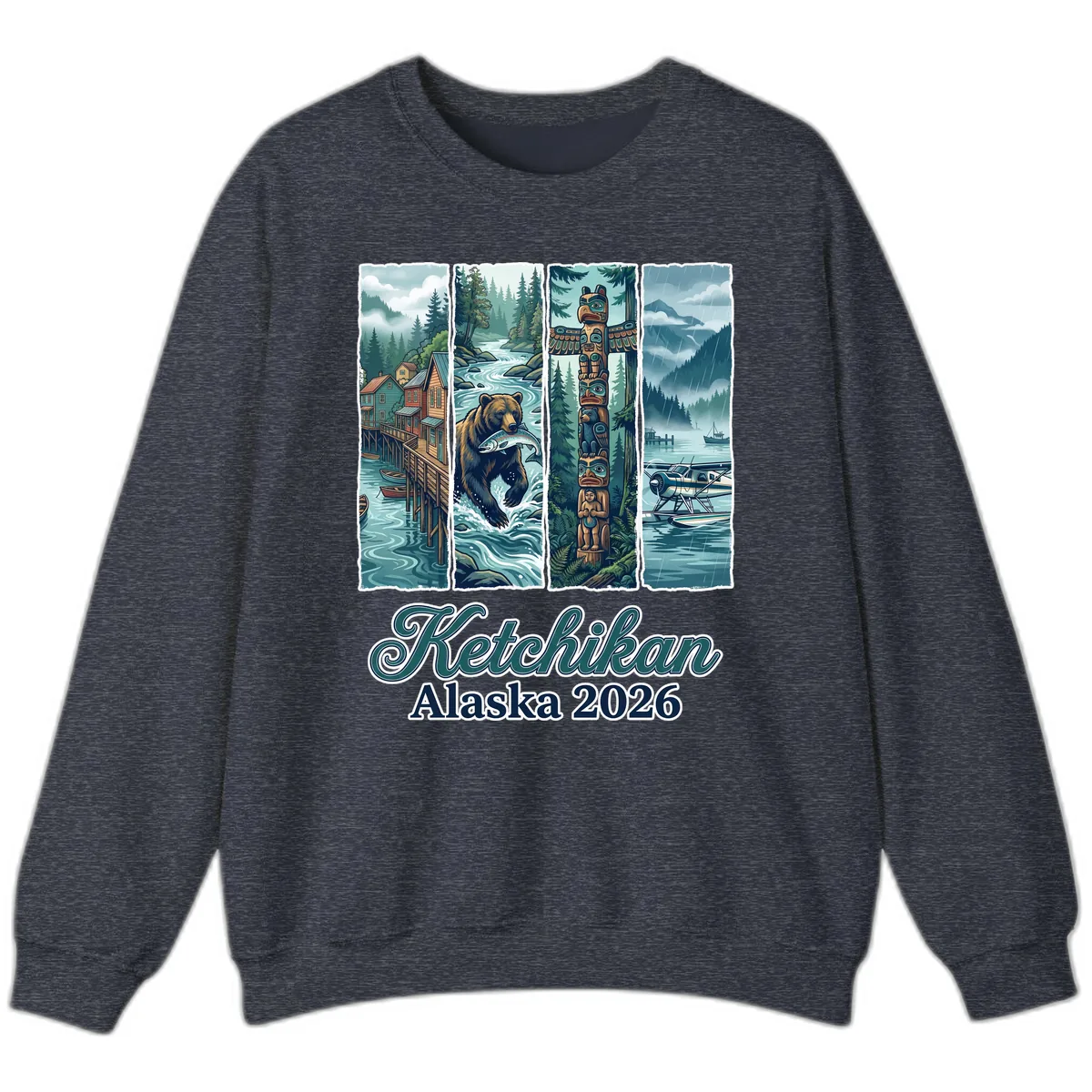 Ketchikan Alaska 2026 Scenic Panel Sweatshirt in Heather Sport Dark Navy
