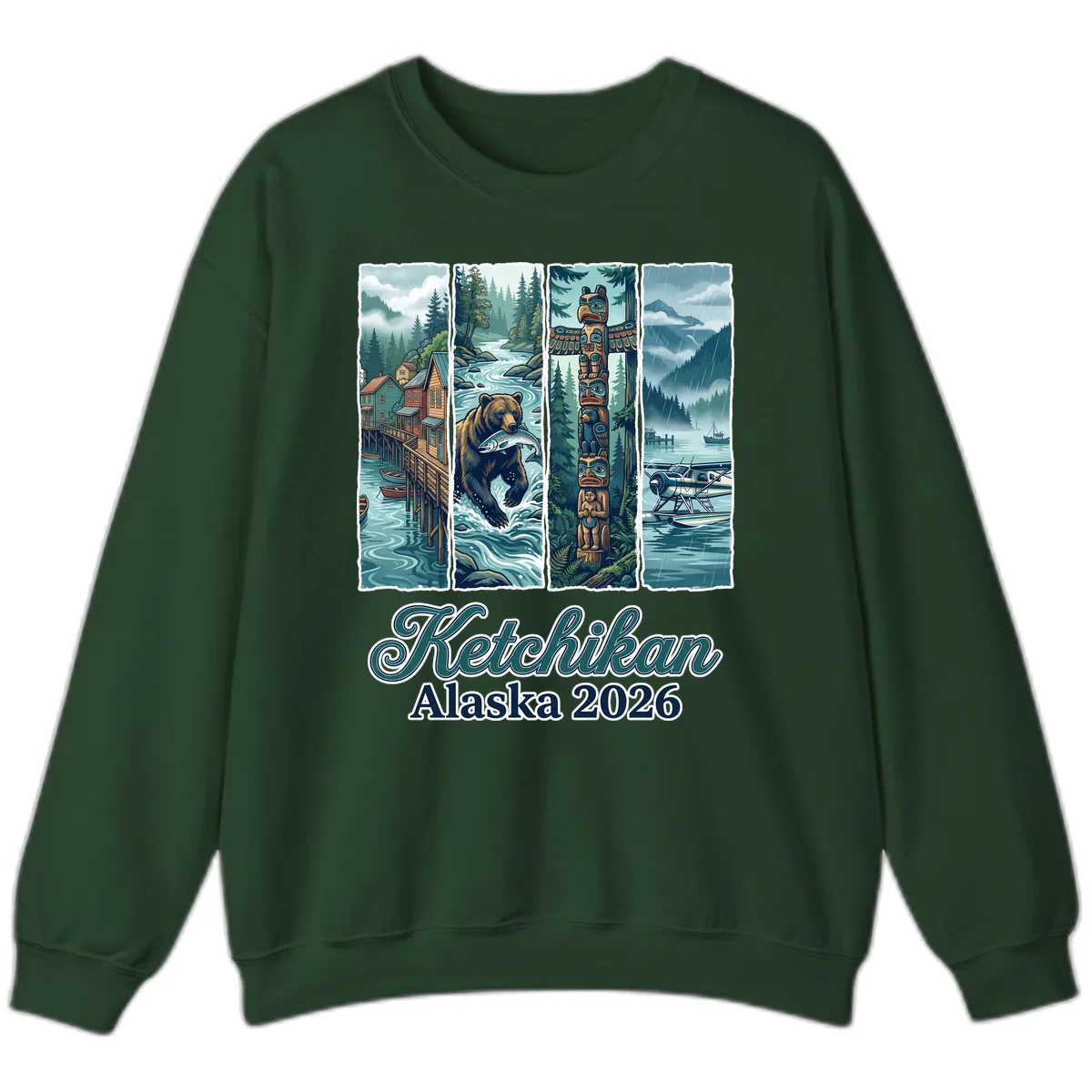 Ketchikan Alaska 2026 Scenic Panel Sweatshirt in Forest Green