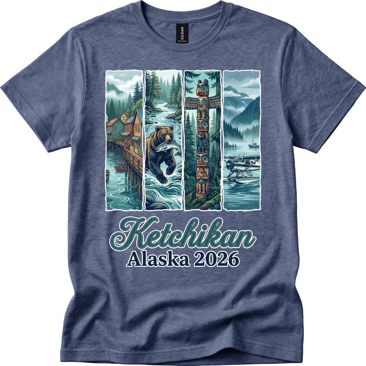 Ketchikan Alaska 2026 Scenic Panel T-Shirt in Heather Navy