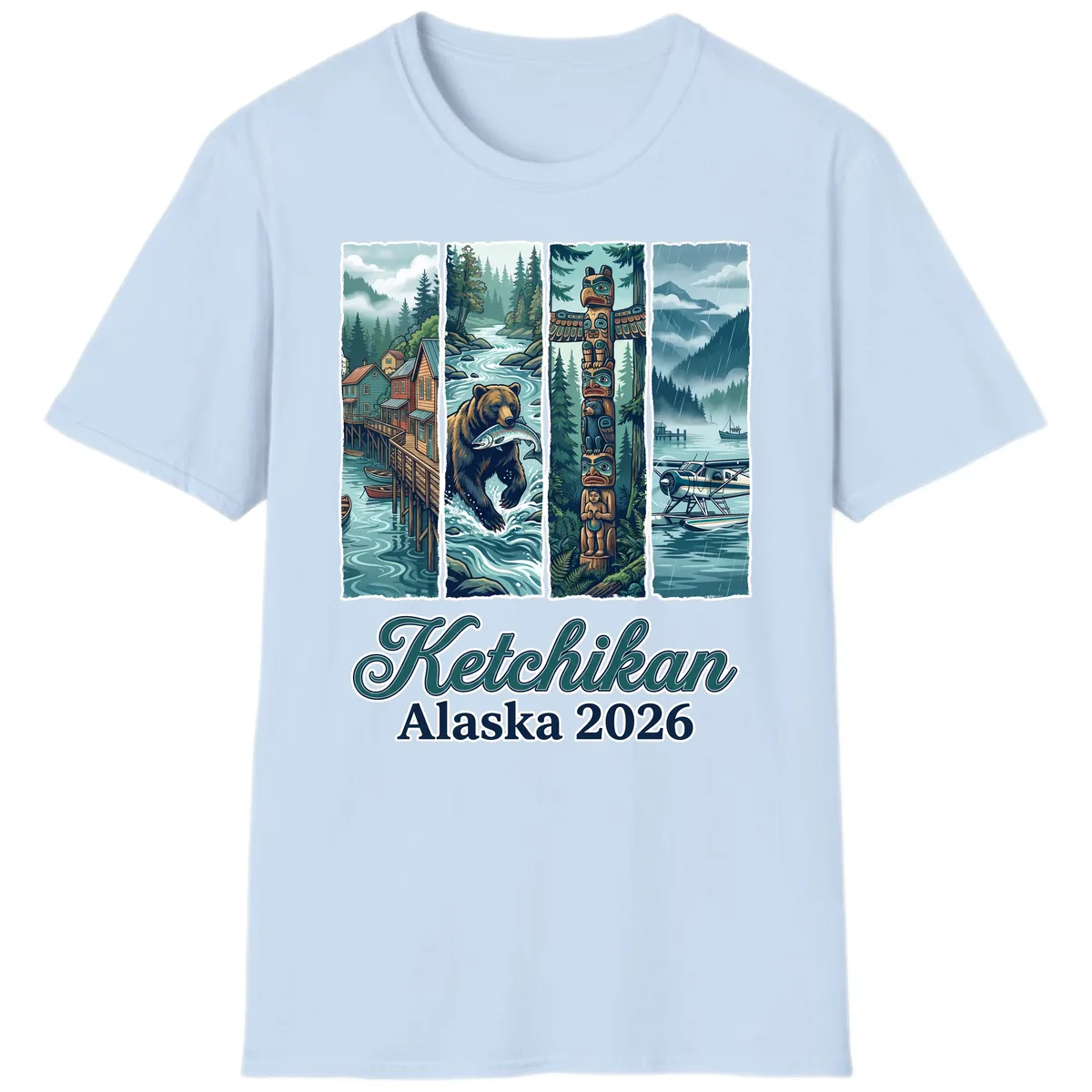 Ketchikan Alaska 2026 Scenic Panel T-Shirt in Light Blue