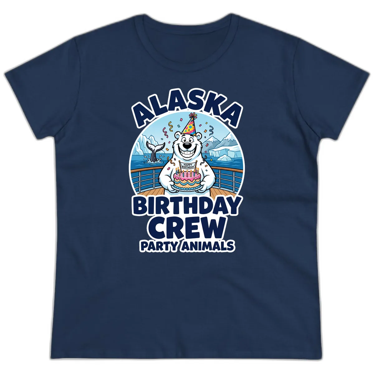 Alaska Birthday Crew Party Animals Ladies Tee in Navy