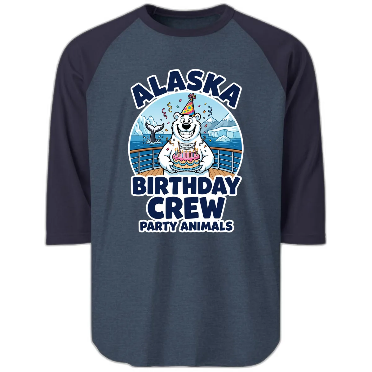 Alaska Birthday Crew Party Animals Raglan 3/4 in Heather Denim Navy