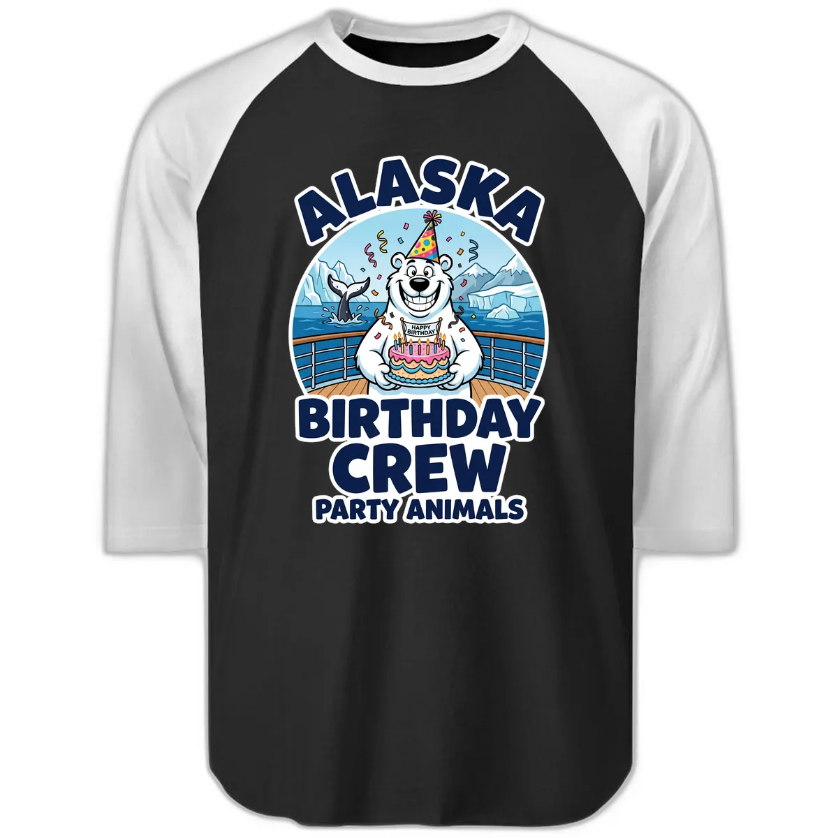Alaska Birthday Crew Party Animals Raglan 3/4 in Black White