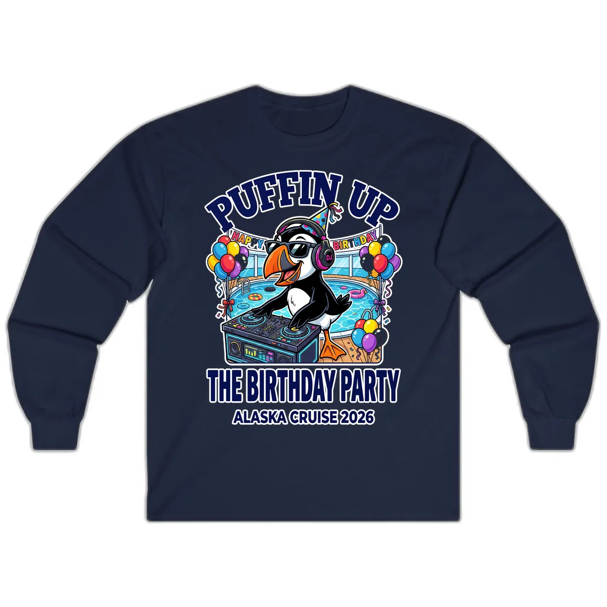 Puffin Up The Birthday Party Alaska Cruise Long Sleeve in Navy