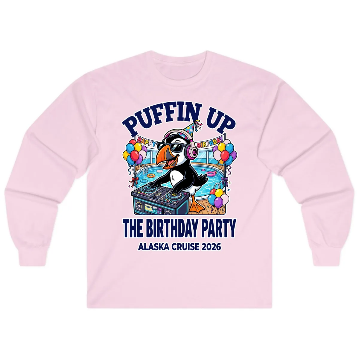 Puffin Up The Birthday Party Alaska Cruise Long Sleeve in Light Pink