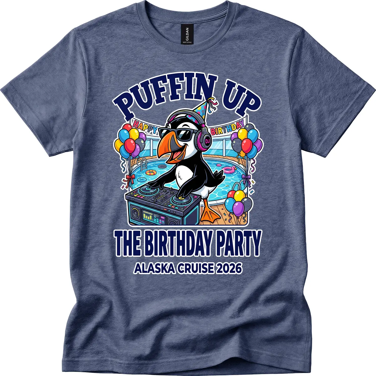 Puffin Up The Birthday Party Alaska Cruise T-Shirt in Heather Navy