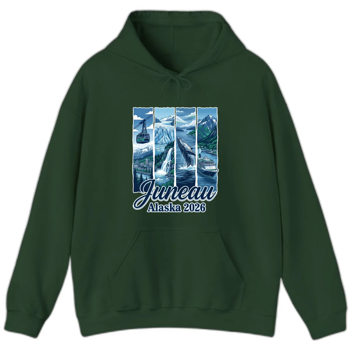 Alaska 2026 Adventure Collage Hoodie in Forest Green
