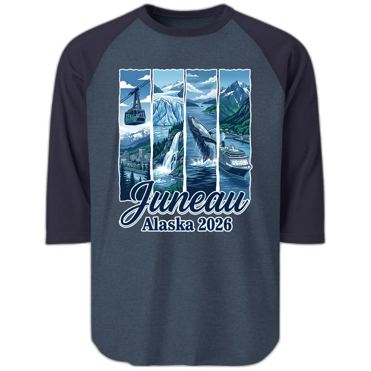 Alaska 2026 Adventure Collage Raglan 3/4 in Heather Denim Navy