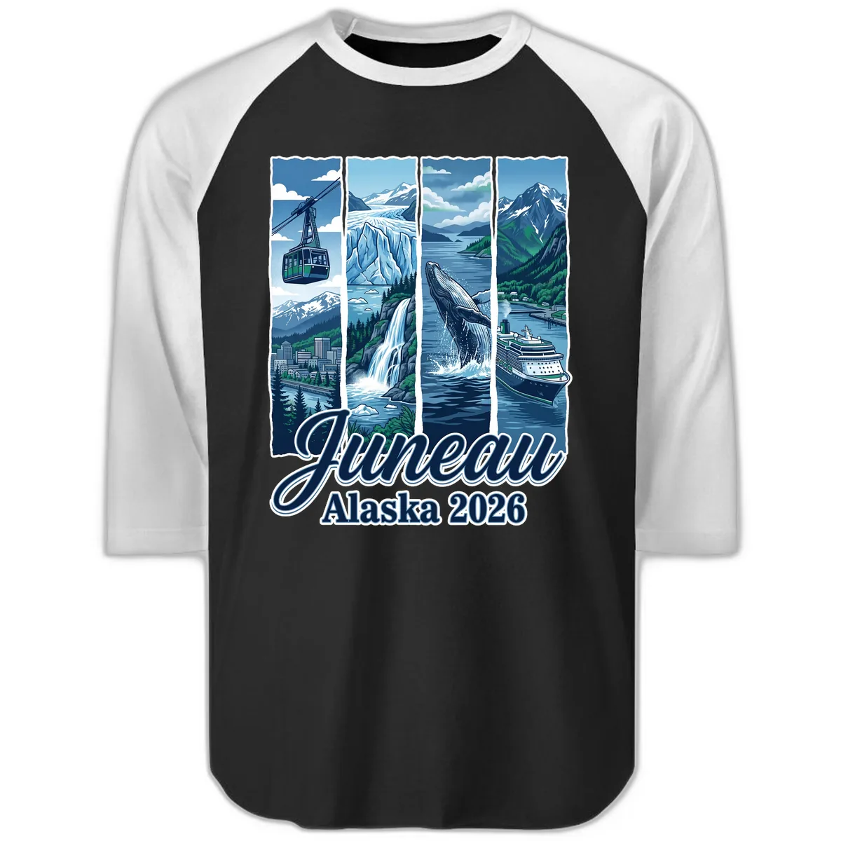 Alaska 2026 Adventure Collage Raglan 3/4 in Black White