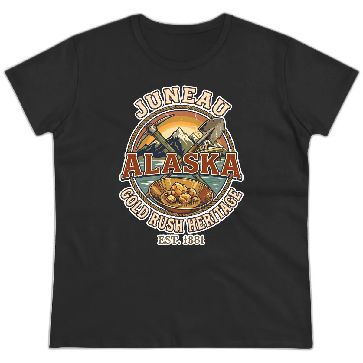 Juneau Alaska Gold Rush Heritage Ladies Tee in Black