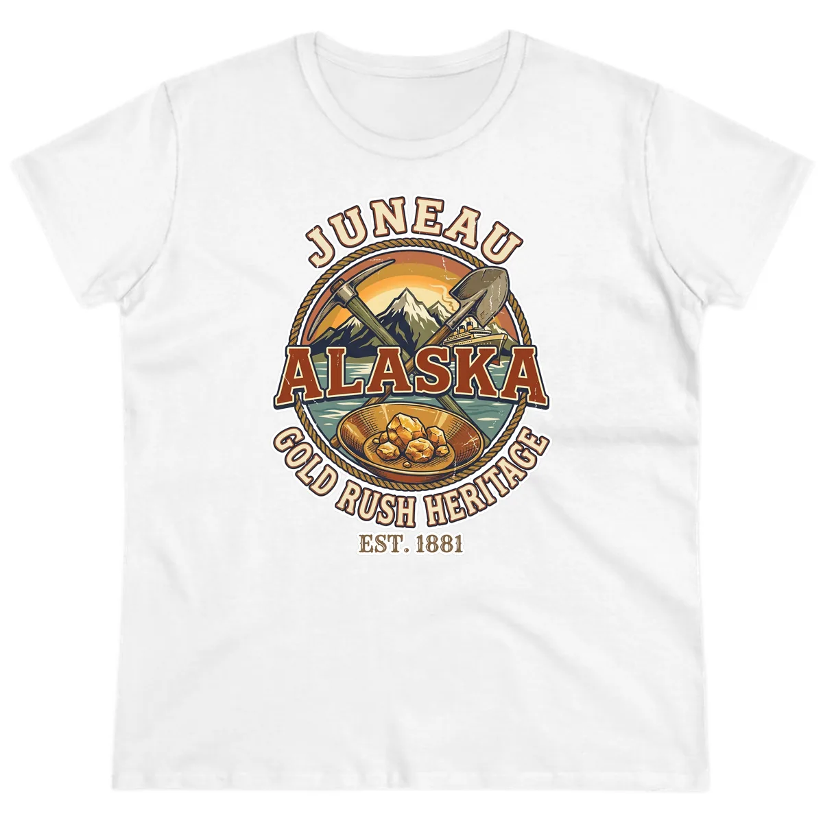 Juneau Alaska Gold Rush Heritage Ladies Tee in White