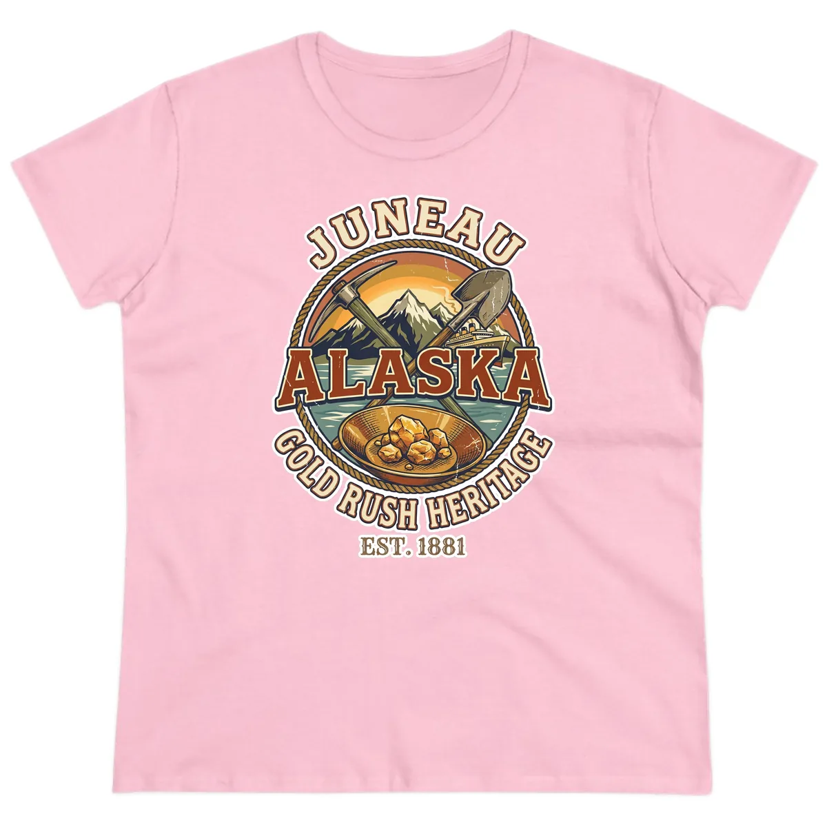 Juneau Alaska Gold Rush Heritage Ladies Tee in Light Pink