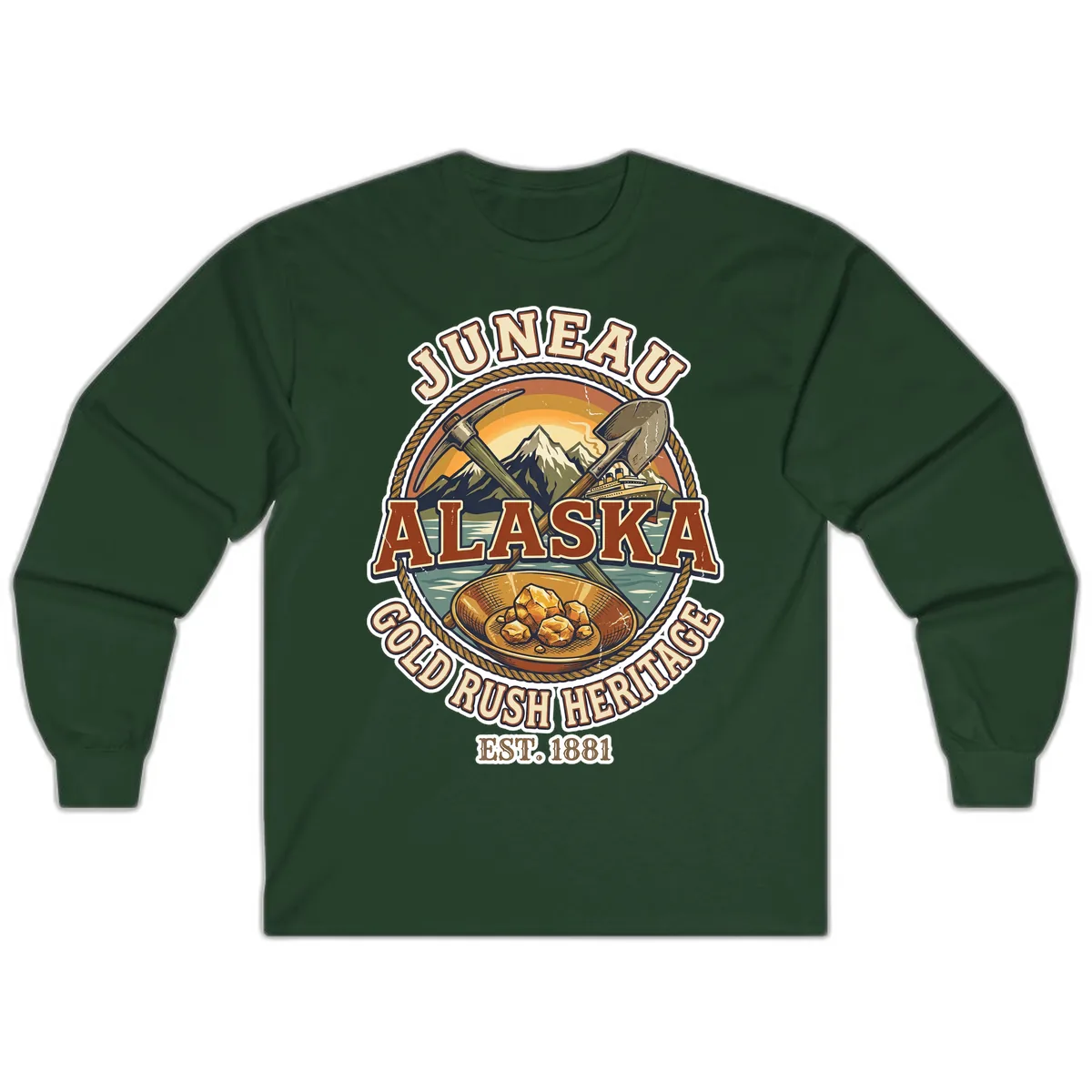 Juneau Alaska Gold Rush Heritage Long Sleeve in Forest Green