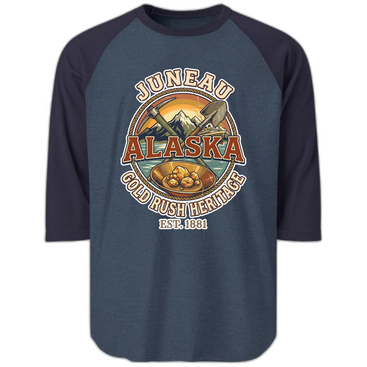 Juneau Alaska Gold Rush Heritage Raglan 3/4 in Heather Denim Navy
