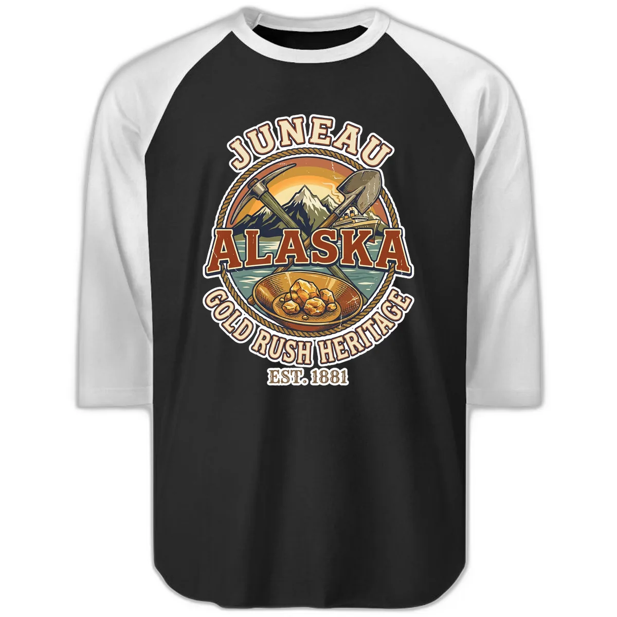 Juneau Alaska Gold Rush Heritage Raglan 3/4 in Black White