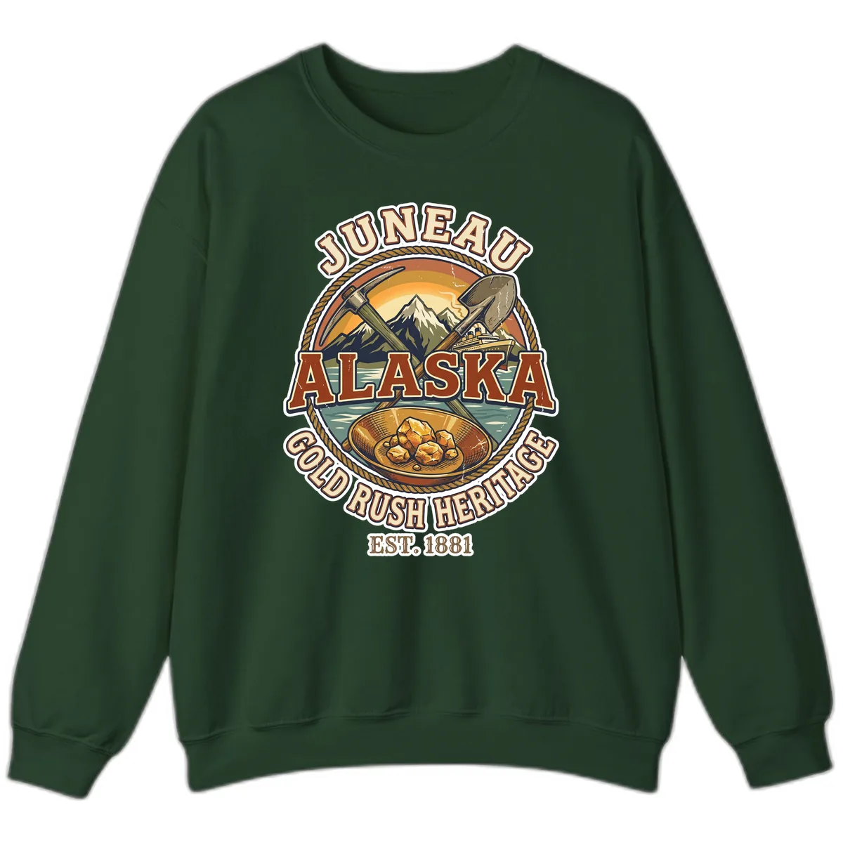Juneau Alaska Gold Rush Heritage Sweatshirt in Forest Green