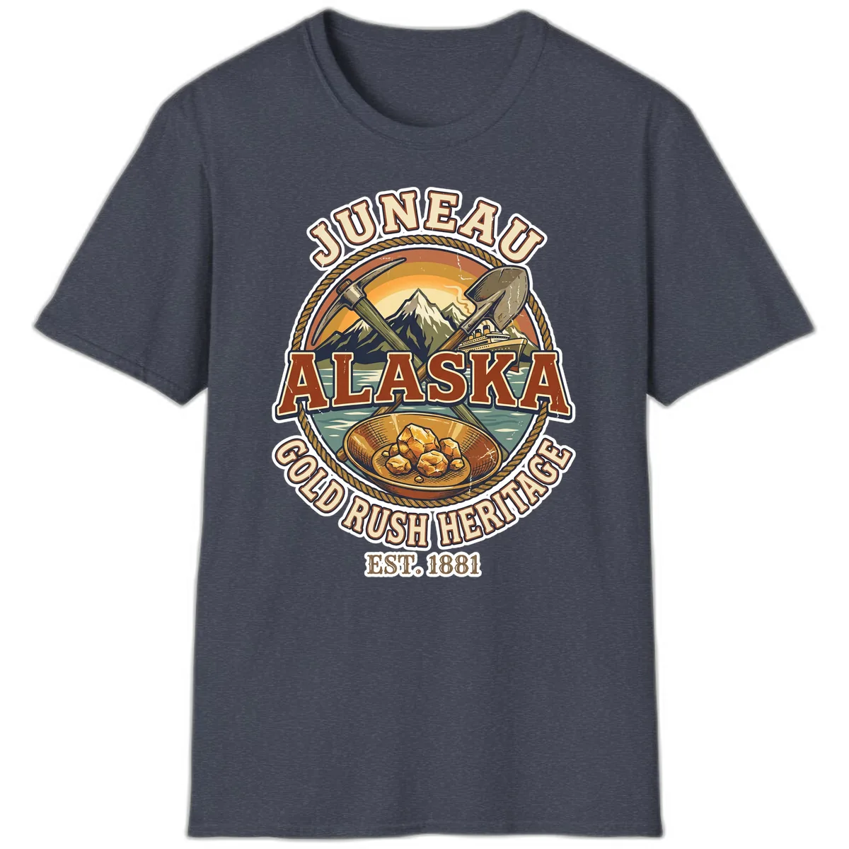 Juneau Alaska Gold Rush Heritage T-Shirt in Heather Navy